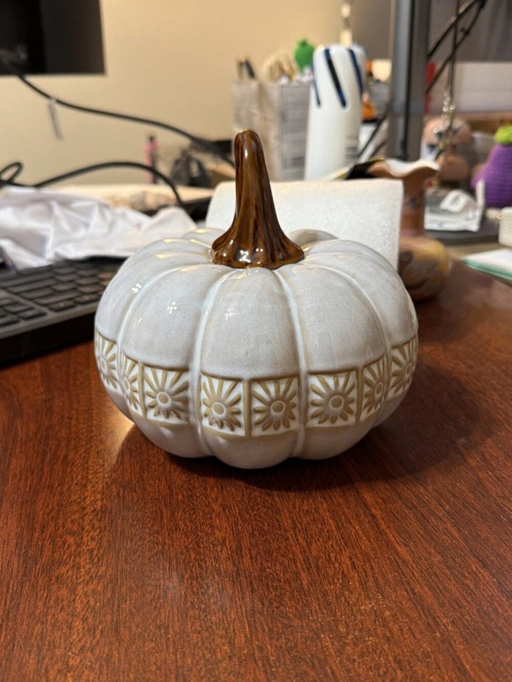 Gerson International Ceramic Glazed Pumpkin, Embossed Sunburst Floral Band - NWT